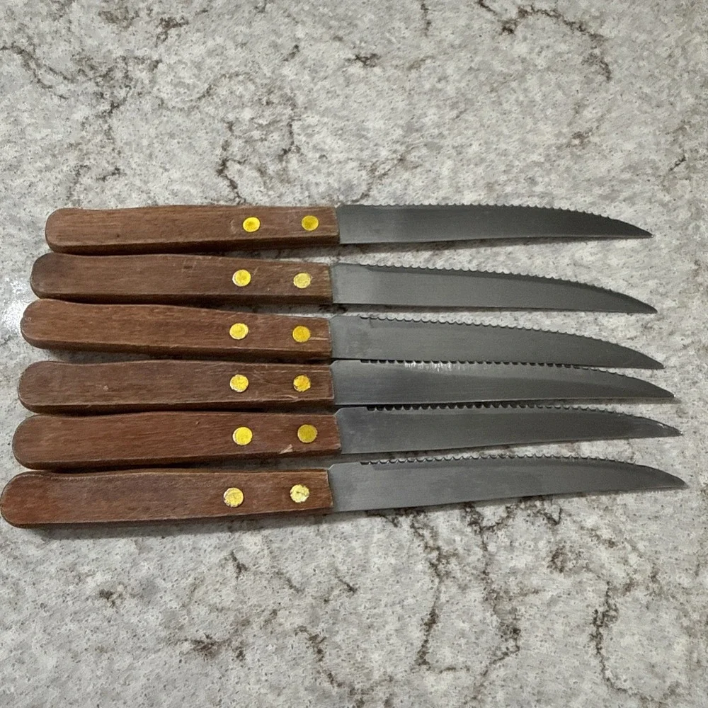 6 Vintage Brand Ware Stainless Steel Steak Knives Wooden Handles Dainty Set